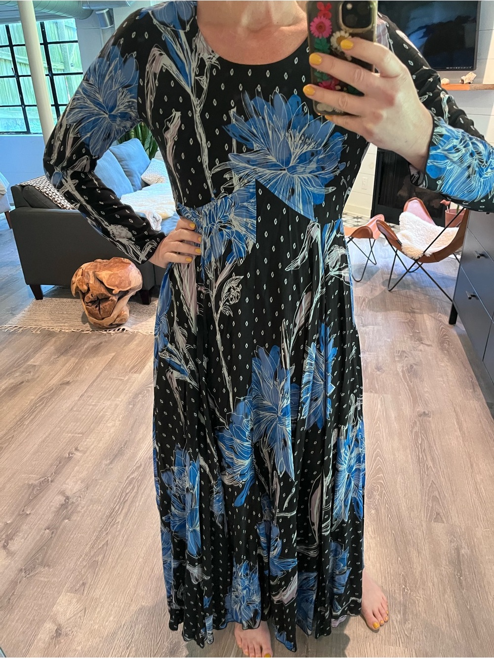 Free People Black Maxi Dress with Blue Floral Print